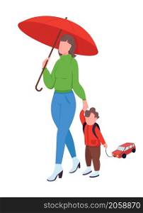 Mom with kid on rain walk semi flat color vector characters. Dynamic figures. Full body people on white. Autumn isolated modern cartoon style illustration for graphic design and animation. Mom with kid on rain walk semi flat color vector characters