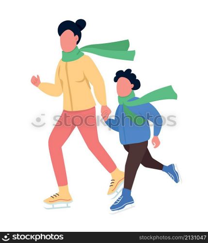 Mom with kid skating semi flat color vector characters. Active figures. Full body people on white. Recreation isolated modern cartoon style illustration for graphic design and animation. Mom with kid skating semi flat color vector characters