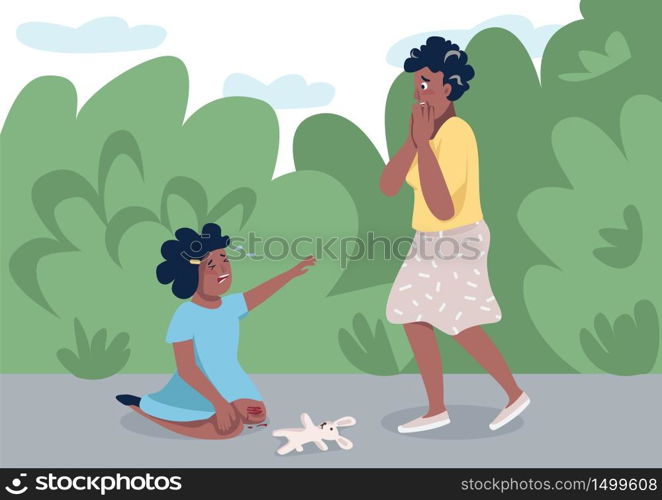 Mom with little daughter flat color vector illustration. Panicking mother and crying child 2D cartoon character with burning home on background. Panic attack, parenthood stress management, childcare. Mother with crying daughter flat color vector illustration