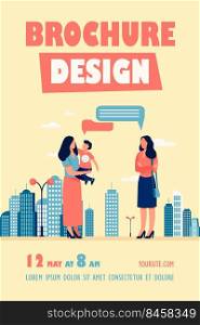 Mom with son meeting with female friend outdoors. Talking, speech bubble, walk in city flat vector illustration. Motherhood, communication concept for banner, website design or landing web page
