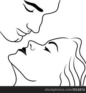 Moment before kiss the man leaned over the woman, isolated on white background, hand drawing vector outline