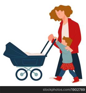 Mommy walking with daughter and newborn kid in perambulator. Isolated mom and kid pushing pram with baby. Family life and warm relationships of siblings children and parents. Vector in flat style. Mother strolling with toddler kid and newborn