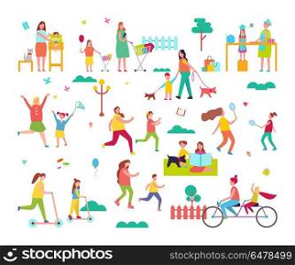 Moms Spending Time Happily with Small Children. Moms spending time happily with small children by cooking or riding bike. Real love between mothers and their kids vector illustration
