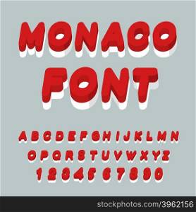 Monaco font. Monaco flag on letters. National Patriotic alphabet. 3d letter. State color symbolism European state&#xA;