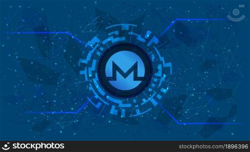 Monero XMR token symbol in a digital circle on polygonal blue background. Cryptocurrency coin icon. Digital gold for website or banner. Copy space. Vector.