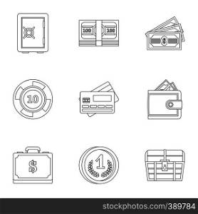 Monetary resource icons set. Outline illustration of 9 monetary resource vector icons for web. Monetary resource icons set, outline style