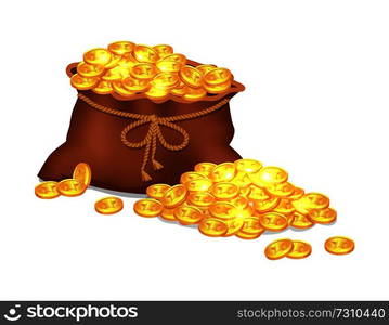 Monetary stack with brown bag, colorful poster, vector illustration with lot of treasures, glitter coins with star patterns, pretty rope with bow. Monetery Stack with Brown Bag Colorful Poster