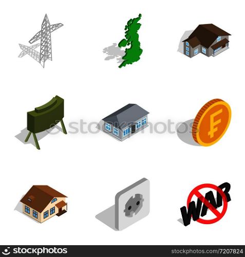 Monetary supply icons set. Isometric set of 9 monetary supply vector icons for web isolated on white background. Monetary supply icons set, isometric style