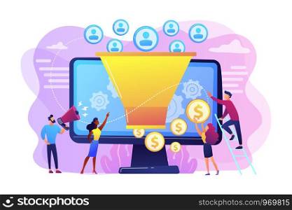 Monetization tips. Increasing conversion rates strategy. Attracting followers. Generating new leads, identify your customers, SMM strategies concept. Bright vibrant violet vector isolated illustration. Generating new leads concept vector illustration