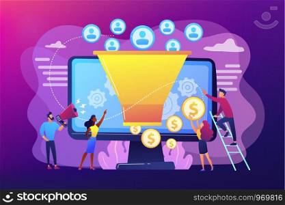 Monetization tips. Increasing conversion rates strategy. Attracting followers. Generating new leads, identify your customers, SMM strategies concept. Bright vibrant violet vector isolated illustration. Generating new leads concept vector illustration