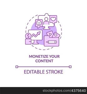 Monetize your content purple concept icon. Earn money from subscription abstract idea thin line illustration. Isolated outline drawing. Editable stroke. Roboto-Medium, Myriad Pro-Bold fonts used. Monetize your content purple concept icon