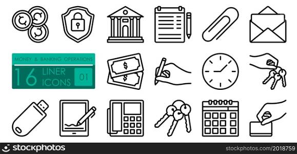 Money and banking operations. Digital tablet, signature, money, cash, coins, transfer, security, flash card. Set of simple linear icons