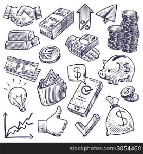 Money and banking sketch. Dollar banknotes and coins, piggy bank and business chart, gold bar and handshake symbols. Investment doodle vector financial economy set. Money and banking sketch. Dollar banknotes and coins, piggy bank and business chart, gold bar and handshake symbols. Investment doodle vector set