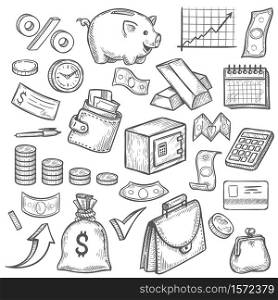 Money and banking sketch. Hand drawn dollar banknote and coin, piggy bank and business chart. Wallet, gold bar finance investment vector set, financial objects as credit card, briefcase. Money and banking sketch. Hand drawn dollar banknote and coin, piggy bank and business chart. Wallet, gold bar finance investment vector set