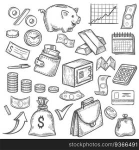 Money and banking sketch. Hand drawn dollar banknote and coin, piggy bank and business chart. Wallet, gold bar finance investment vector set, financial objects as credit card, briefcase. Money and banking sketch. Hand drawn dollar banknote and coin, piggy bank and business chart. Wallet, gold bar finance investment vector set