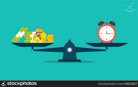 Money and clock on scale balance. Time is money concept. Weight of time against weight of money. Flat icon of comparison of value and price. Compare and seesaw of profit. Vector.. Money and clock on scale balance. Time is money concept. Weight of time against weight of money. Flat icon of comparison of value and price. Compare and seesaw of profit. Vector