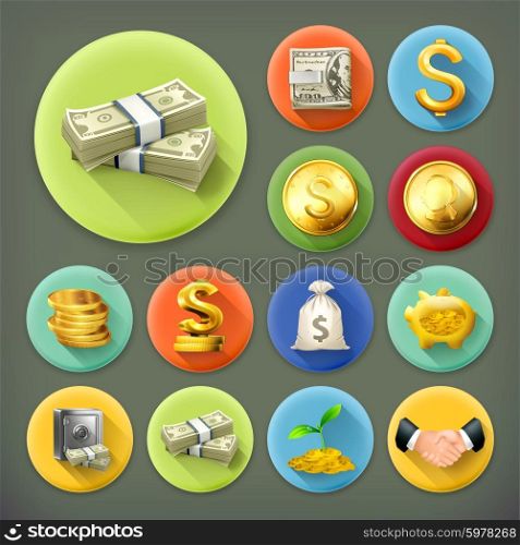 Money and coins, business and finance long shadow vector icon set