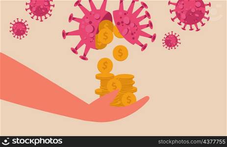 Money and coronavirus in stock market concept. Business bargain during the pandemic crisis. Gold coins pouring from the virus into the hand of people vector illustration. Investment profit income
