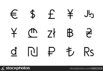 Money and currencies vector linear icons set. Foreign exchange management. Dollar, euro, yuan and more. Isolated collection of symbols money for websites icon on white background. Editable stroke.