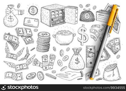 Money and finance doodle set. Collection of hand drawn safe, sacks with cash, coins, dollars, american currency in stacks and heaps isolated on transparent background. Illustration of wealth concept. Money and finance doodle set