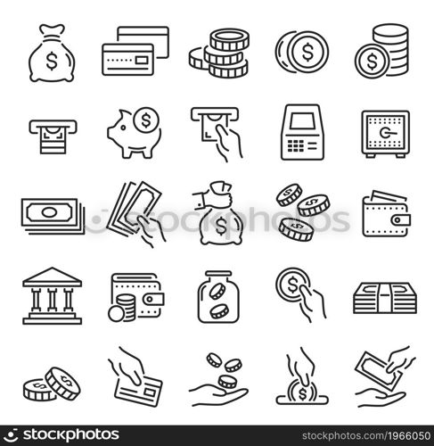 Money and finance icon, banking, atm payment, bank saving. Funds transfer or donation, cashback, money bag, coins, outline icons vector set. Wallet, hand holding banknotes or credit card