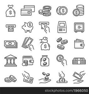 Money and finance icon, banking, atm payment, bank saving. Funds transfer or donation, cashback, money bag, coins, outline icons vector set. Wallet, hand holding banknotes or credit card