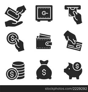 Money and finance icon. Currency exchange, payment and profit silhouette symbols. Hand giving money banknote, holding coin. Piggy bank for savings, big sack with income isolated vector set. Money and finance icon. Currency exchange, payment and profit silhouette symbols. Hand giving money banknote