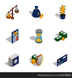 Money and finance icons set. Isometric 3d illustration of 9 money and finance vector icons for web. Money and finance icons, isometric 3d style