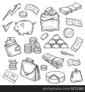 Money and finance sketch. Credit card, gold bars, purse, briefcase and dollars sack. Coins, piggy bank, business investment icons vector set. Financial and banking objects illustration. Money and finance sketch. Credit card, gold bars, purse, briefcase and dollars sack. Coins, piggy bank, business investment icons vector set
