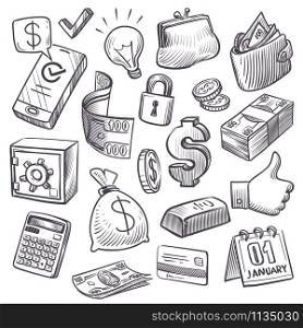 Money and finance sketch. Gold bars, treasure chest and bank safe, dollars sack and falling coins, bills and wallet hand drawn icons vector investment doodles set. Money and finance sketch. Gold bars, treasure chest and bank safe, dollars sack and falling coins, bills and wallet hand drawn icons vector set