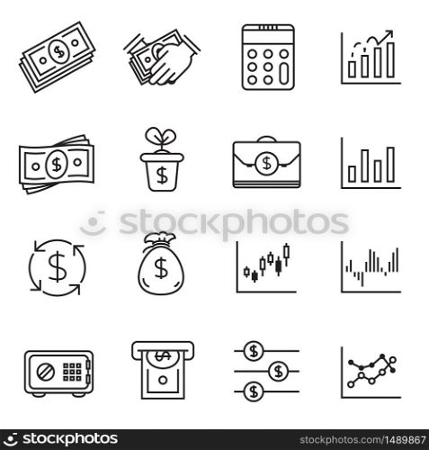 Money and financial icon set - vector. Single line stroke.