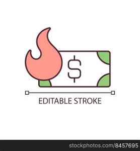 Money and fire RGB color icon. Worthless money and inflation. Hyperinflation. Financial crisis. Isolated vector illustration. Simple filled line drawing. Editable stroke. Arial font used. Money and fire RGB color icon
