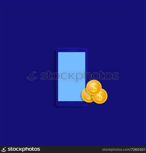 Money and smartphone on blue background. Vector illustration .. Money and smartphone .