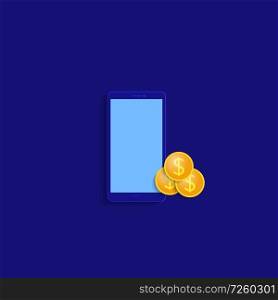 Money and smartphone on blue background. Vector illustration .. Money and smartphone .