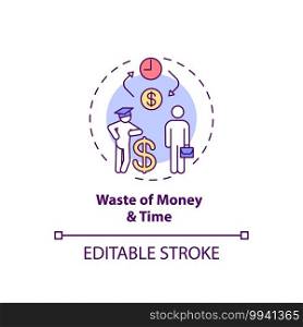 Money and time wasting concept icon. Staff training disadvantage idea thin line illustration. Shortening learning curve. Budget investment. Vector isolated outline RGB color drawing. Editable stroke. Money and time wasting concept icon