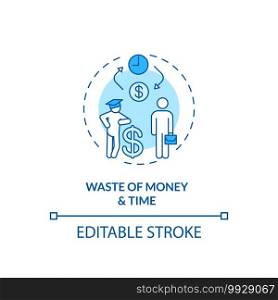 Money and time wasting concept icon. Staff training idea thin line illustration. Recruitment and administrative hours. Budget investment. Vector isolated outline RGB color drawing. Editable stroke. Money and time wasting concept icon