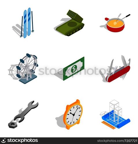 Money available icons set. Isometric set of 9 money available vector icons for web isolated on white background. Money available icons set, isometric style