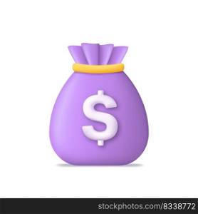Money bag. 3d money bag. 3d icon of loan, budget and salary. Symbol of dollar, cash and business. Sack with saving. moneybag for investment. Vector.