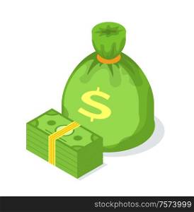 Money bag and stock of dollars isolated on white, crowdfunding. Finance and cash, credit payment and investors support, profit and credit, business concept. Crowdfunding Money Pack and Golden Coins Vector
