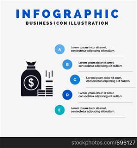 Money, Bag, Bank, Finance, Gold, Savings, Wealth Solid Icon Infographics 5 Steps Presentation Background