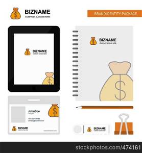 Money bag Business Logo, Tab App, Diary PVC Employee Card and USB Brand Stationary Package Design Vector Template