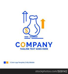 money, bag, dollar, growth, stock Blue Yellow Business Logo template. Creative Design Template Place for Tagline.