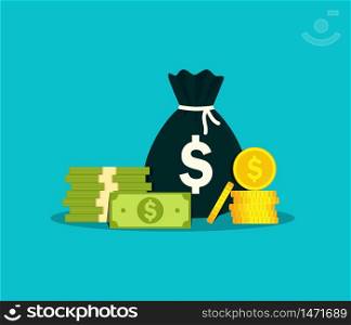 Money bag for salary. Moneybag with million cash in flat style. Sack of euro for investment in business. Debt concept. Bagful, stack dollar, pound for work on isolated background. vector illustration. Money bag for salary. Moneybag with million cash in flat style. Sack of euro for investment in business. Debt concept. Bagful, stack dollar, pound for work on isolated background. vector illustration.