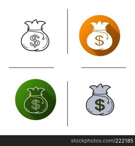 Money bag icon. Flat design, linear and color styles. Isolated vector illustrations. Money bag icon