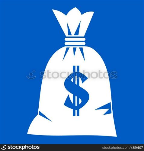 Money bag icon white isolated on blue background vector illustration. Money bag icon white