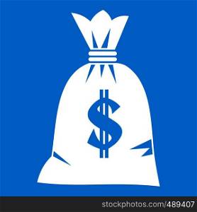Money bag icon white isolated on blue background vector illustration. Money bag icon white