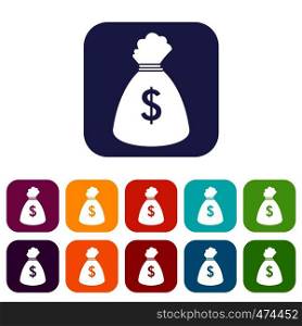 Money bag icons set vector illustration in flat style In colors red, blue, green and other. Money bag icons set