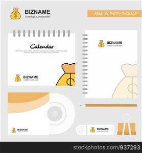 Money bag Logo, Calendar Template, CD Cover, Diary and USB Brand Stationary Package Design Vector Template