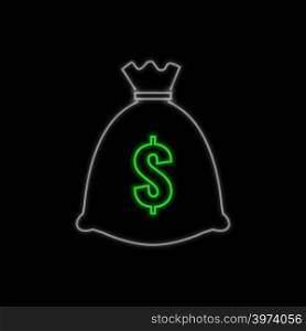 Money bag neon sign. Bright glowing symbol on a black background. Neon style icon.