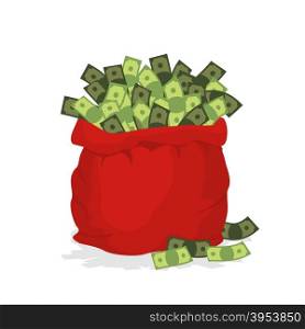 Money bag Santa Claus. Big Red festive bag filled with dollars. Many cash in bag. Illustration for new year and Christmas.&#xA;